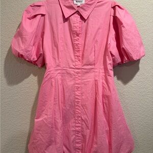 Pink Button Down Puff Sleeve & Bubble Hem Dress